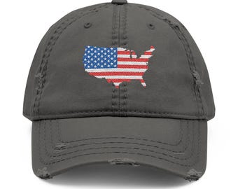 USA - Distressed Embroidered Dad Hat - American Flag Design - Vintage Style Unisex Adjustable Cap - Patriotic Events Apparel