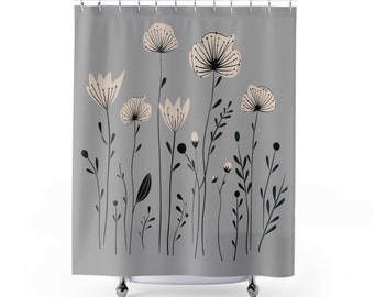 Cortina de ducha con diseño nórdico gris, flores inspiradas en Suecia, poliéster botánico, 71x74 pulgadas, decoración de baño