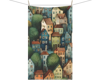 Maisons aux tons froids, motif d'art populaire, 18 x 30 pouces, torchon de cuisine, sergé de coton, serviette en polyester, décoration d'intérieur, cadeau de pendaison de crémaillère