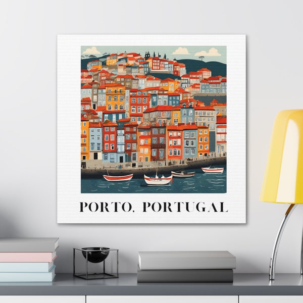 PORTO PORTUGAL City View Folk Art Inspired Colorful Graphic Illustration Square Canvas Gallery Wrap 1.25 Inch Depth Various Sizes Wall Art