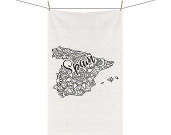 SPAIN Country Outline Mandala Boho Graphic 18 x 30 Inch Kitchen Tea Towel Cotton Twill or Polyester Towel Spanish Home Decor Gift