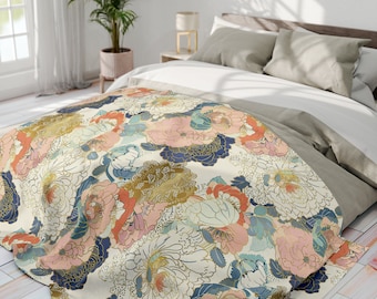 Japanisches Blumenmuster Arctic Fleece Decke Couch werfen 3 Größen Bettwäsche Boho Japan Blumen asiatisches Wohndekor Geschenk