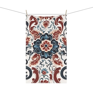 Norwegian Rosemaling Inspired Nordic Floral Pattern 18 x 30 Inch Kitchen Tea Towel Cotton Twill or Polyester Towel Norway Home Decor Gift