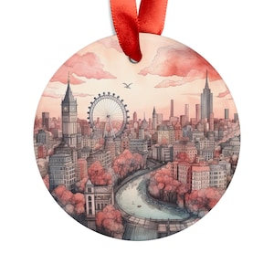 LONDON ENGLAND City View Skyline, British UK Travel Round Acrylic Ornament, Personalized Gift, Christmas Tree Ornament, Gift for Brit