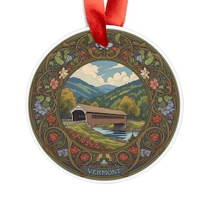 Vermont Covered Bridge Scene - Art Nouveau Style - Round Acrylic Ornament - Personalized Gift - Holiday Decor - VT Travel Souvenir