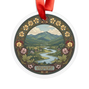 Vermont Landscape - Art Nouveau Style - Round Acrylic Ornament - Personalized Gift - Holiday Decor - Travel Souvenir