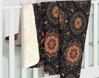 Black Boho Floral Pattern, Cozy Sherpa Fleece Blanket, Home Decor Gift, Couch Throw Blanket