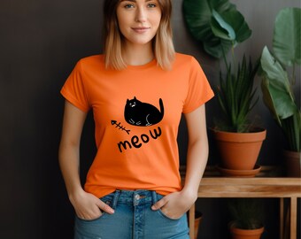 FAT BLACK CAT Grafik Unisex Jersey Kurzarm T-Shirt Rundhalsausschnitt Katzenliebhaber Geschenk Fair-Trade-Kleidung