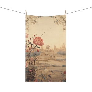 May include: A vintage-style illustration of a pink rose bush in the foreground with a white building in the background. The building has a dome and multiple towers. The illustration is on a beige background.