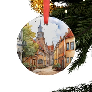 Adorno de acrílico redondo con vista de la calle de la ciudad de LUND SUECIA, adorno de árbol de Navidad personalizado, regalo para sueco, decoración navideña