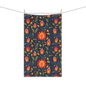 Nordic Floral Folk Art Pattern 18 x 30 Inch Kitchen Tea Towel Cotton Twill or Polyester Scandinavian Home Decor