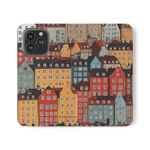 COPENHAGUE DINAMARCA Edificios coloridos Vegano Cuero sintético Teléfono celular Folio Flip Case Samsung Galaxy 22 21 iPhone 11 12 13 Cartera de teléfono móvil