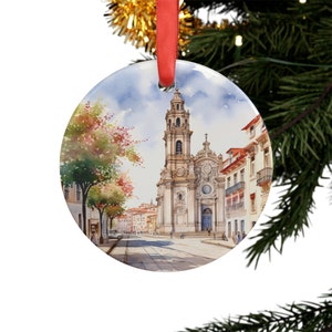 Adorno acrílico redondo con vista de la calle de VIANA DO CASTELO, Portugal, regalo personalizado, regalo para árbol de Navidad, decoración navideña
