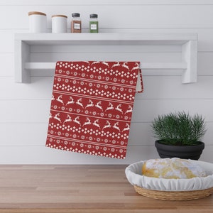 Red White Scandinavian Reindeer Winter Christmas Pattern Nordic Design Norway Sweden 18 x 30 Inch Kitchen Tea Towel Cotton Twill Polyester