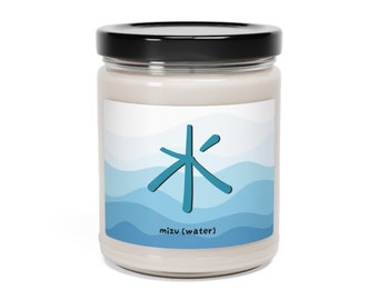 MIZU Japanese WATER Kanji Character Vegan Scented or Unscented Soy Candle 9oz Glass Jar 9 Scents Eco Friendly Japan Home Decor Gift