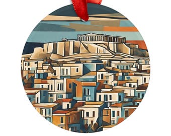 May include: A round, colorful, abstract painting of the Acropolis in Athens, Greece. The painting is done in a cubist style, with geometric shapes and bold colors. The Acropolis is in the background, with the city of Athens in the foreground.
