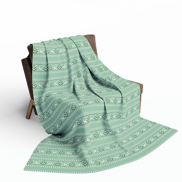 Green Fair Isle Nordic Inspired Pattern Arctic Fleece Blanket Couch Throw 3 Sizes Bedding Sweden Scandinavian Home Decor Gift