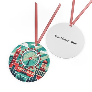 Personalized LONDON ENGLAND City Skyline British Travel 3.5&quot; Round Metal Ornament with Red Ribbon Christmas Tree Decor Custom Holiday Gift