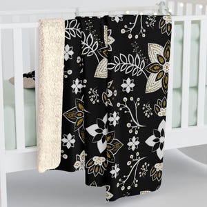 Black Nordic Winter Floral Folk Art Inspired Pattern, Cozy Sherpa Fleece Blanket, Scandinavian Couch Throw, Blanket Gift