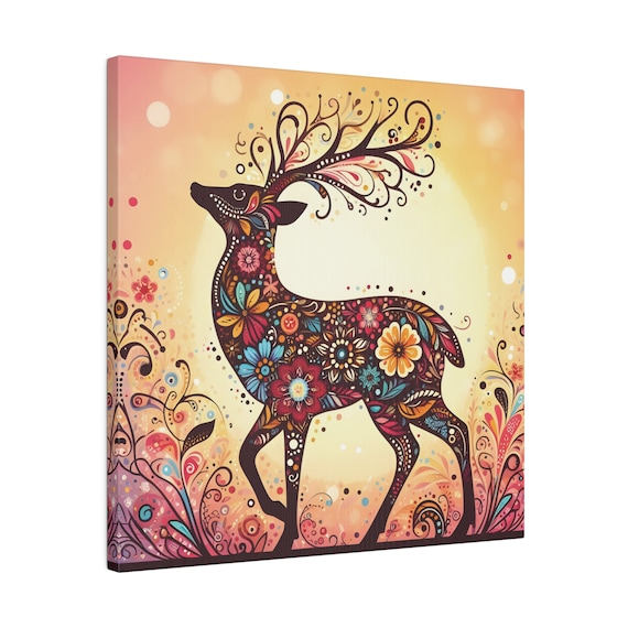 カラフルな花柄の雄鹿 フォークアート風 0.75インチ ストレッチマット