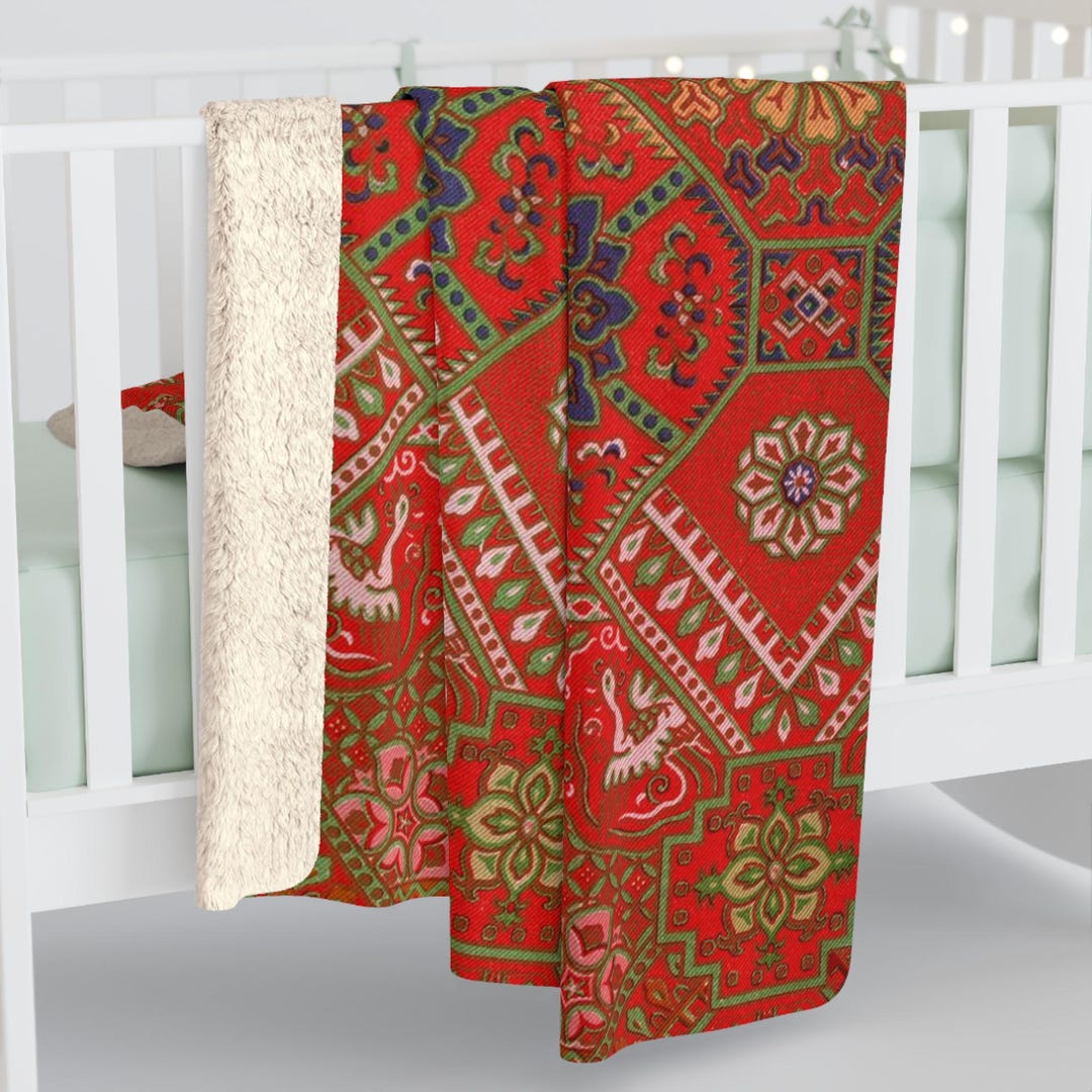 Japanese Pattern Throw Red Vintage Japanese Floral Pattern, Cozy Sherpa Fleece Blanket, Ethnic ...