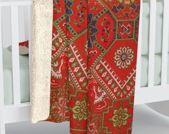 Rot Vintage japanisches Blumenmuster, Sherpa Fleece Decke, ethnischer Couch Überwurf, Boho Bettwäsche, asiatisches Wohndekor Japan Geschenk