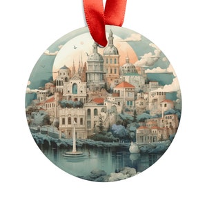 Vista de la ciudad de Lisboa, Portugal, adorno acrílico de viaje a Portugal, adorno de árbol de Navidad personalizado, regalo de decoración navideña, decoración del hogar