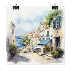HVAR CROATIA Textured Watercolor Matte Poster, Street Scene, Square Wall Art Print, 4 Sizes, Croatian Travel, Wall Decor Gift