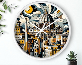 Relógio de parede estilo cubista Roma Itália, viagem italiana, relógio de madeira redondo de 10 polegadas, decoração para casa, presente para amantes de viagens, decoração de arte de parede