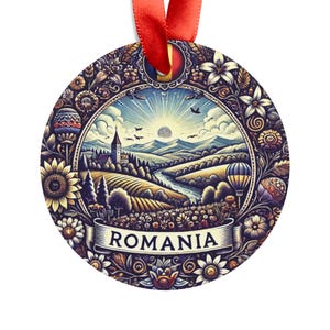 RUMÄNIEN Landschaftsansicht, rumänische Reise-runde Acrylverzierung, personalisiertes Geschenk, Weihnachtsbaumverzierung, Feiertagsdekoration