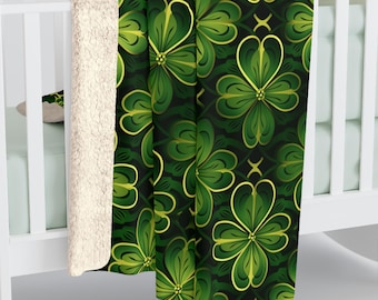 Irish Green Gold Shamrock Clover Pattern, Cozy Sherpa Fleece Blanket, Soft Couch Throw, Ireland Home Decor, St Patrick's Day Gift