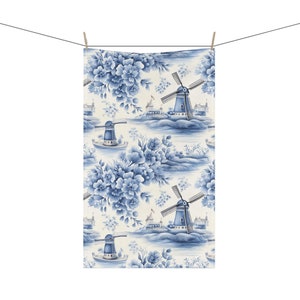 Blue Delft Inspired Dutch Windmills 18 x 30 Inch Kitchen Tea Towel Cotton Twill Polyester Towel Netherlands Home Decor Housewarming Gift