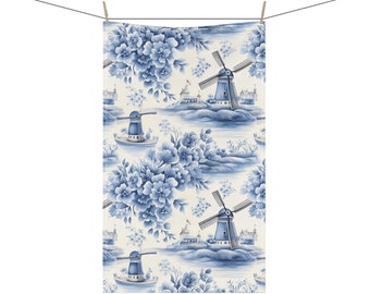 Blaue, von Delft inspirierte holländische Windmühlen, 45,7 x 76,2 cm, Küchen-Geschirrtuch, Baumwoll-Twill-Polyester-Handtuch, Niederlande, Heimdekoration, Einweihungsgeschenk