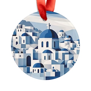 SANTORINI GREECE Skyline View, Greek Travel Round Acrylic Ornament, Personalized Gift, Christmas Tree Ornament, Holiday Decoration