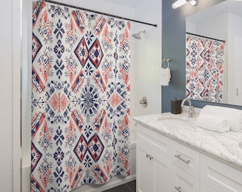 Red and Blue Floral Nordic Inspired Pattern 71 x 74 Inch Shower Curtain Bathroom Decor Bathtub Curtain Scandinavian Home Decor