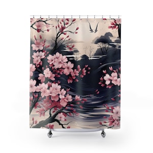 SAKURA Cherry Blossoms Polyester 71 x 74 Inch Shower Curtain Japanese Cherry Tree Pattern Design Japan Asian Bathroom Decor