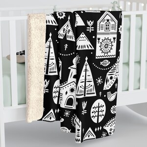 Black and White Scandinavian Inspired Winter Holiday Graphics Cozy Sherpa Fleece Blanket, Nordic Christmas Couch Throw, Home Decor Gift