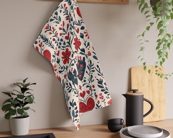Nordic Folk Art Flowers Heart Love Pattern 18 x 30 Inch Kitchen Tea Towel Cotton Polyester Scandinavian Home Decor Valentine Gift for Her