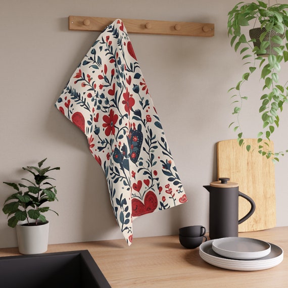 Cream and Blue Patterned Cotton Kitchen Tea Towels Cream and Blue Patterned Cotton Kitchen Tea Towels
