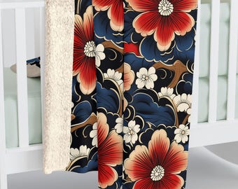 Japanese Floral Pattern. Cozy Sherpa Fleece Blanket, Boho Couch Throw, Japan Lover Gift, Asian Home Decor