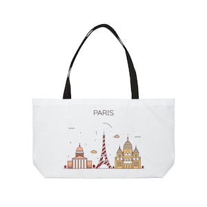 PARIS FRANKREICH Stadt Skyline Französisch Reise 24 x 13 Zoll Weiß Gesponnene Polyester Weekender Einkaufstasche