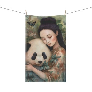PANDA BEAR Chinese Woman Animal Lover 18 x 30 Inch Kitchen Tea Towel Cotton Twill Polyester Towel Home Decor Housewarming Gift