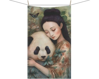 PANDA BEAR Chinese Woman Animal Lover 18 x 30 Inch Kitchen Tea Towel Cotton Twill Polyester Towel Home Decor Housewarming Gift