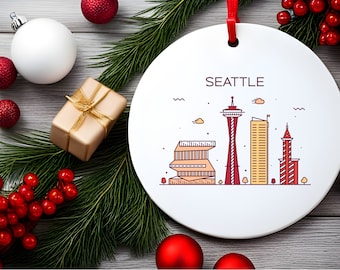 SEATTLE WA City Skyline, Washington Travel White Acrylic Ornament, Personalized Gift, Custom Christmas Tree Ornament, Holiday Decoration