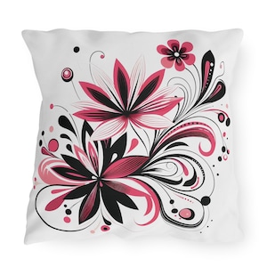 Outdoor-Kissen, rosa und schwarz, nordisches Retro-Blumenmuster, UV-Strahlen, wasserabweisend, Veranda-Kissen, Terrassenkissen, Hinterhof-Heimdekoration, 3 Größen