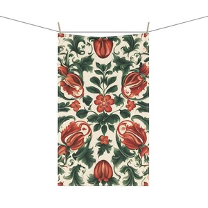 Norwegian Rosemaling Inspired Nordic Floral Pattern 18 x 30 Inch Kitchen Tea Towel Cotton Twill or Polyester Towel Norway Home Decor Gift