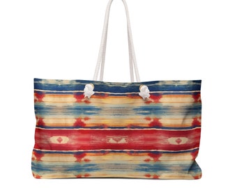 24 x 13 tums weekendväska i spunnen polyester med grungemönster, mexikanskt serapemönster, randig etnisk design, boho-tygväska, T-väska med rephandtag och T-formad plånbok