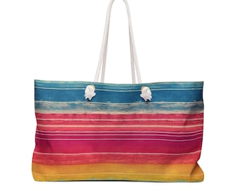24 x 13 tums weekendväska i spunnen polyester med grungemönster, mexikanskt serapemönster, randig etnisk design, boho-tygväska, T-väska med rephandtag och T-formad plånbok
