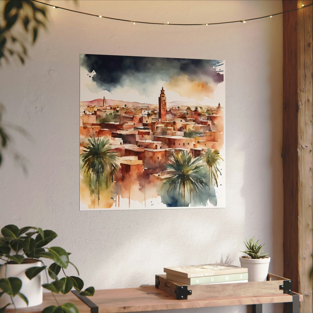 Photo inspiration: Textured Moroccan Apartment Art Reference: Marrakech Morocco Textured Watercolor Matte Poster Square Wall Art 4