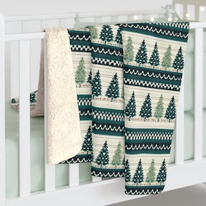 Cozy Sherpa Fleece Blanket Green Blue Christmas Tree Pattern Scandinavian Home Design Nordic Decor Throw Blanket 2 SIZES